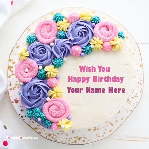 Beautiful Flowers Birthday Cake With Your Name Wishes Photo